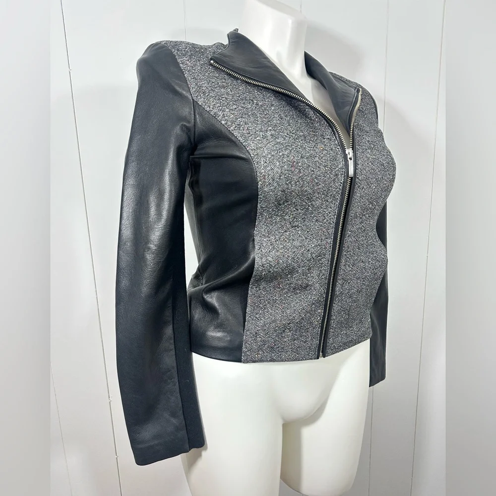 Cole Haan Sz 10 Gray Black Lambskin Leather Wool Blend Tweed Full Zip Jacket - Picture 4 of 14